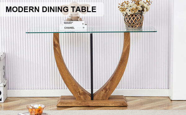 215979437be34042b3b2ffd204faf21f_ed25c28a6c47376c9f9656aebb9f05a2 Modern minimalist rectangular glass table with 0.39 "tempered glass top and MDF wood grain sticker legs, suitable for entrance and living room.