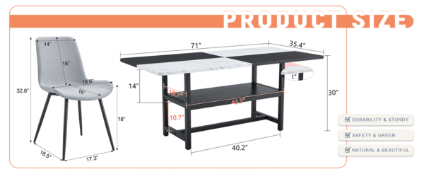 216855daa69243088a6e56a2b7dd8418_d38903fa902cfc9cf6a563efbca13fc1 Table and chair set.71*35.4 inch White And Black Spliced Dining Table With Storage Function In The Middle Of The Table Legs.Paired With 6 Light Gray Linen Dining Chairs With Curved Widened Cushion.