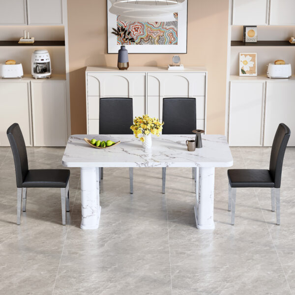 2171a89682c543aa83d458a5da82e2de_e1b670b8044ec77ae36cf20f120613f1 Table and chair set.64.5x35.4 Inch Stylish White Marble Textured Dining Table.Paried With 4 Black PU dining chairs, Silver Metal Legs.Simple and versatile.High Elasticity Sponge Filling.
