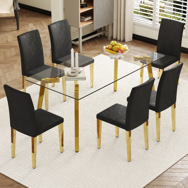 21756d0e20e749f28cce2588ea83a8c1_d7d8549bfd6d6f46103b503900e7b2aa Table and chair set.71 * 35.4 inch rectangular dining table.Tempered Glass Tabletop,Golden 7-shaped Metal Table Legs.Paried With 6 Black PU dining chairs, Golden Metal Legs.Simple and versatile.