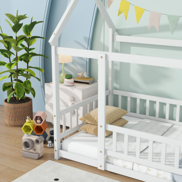 Twin Size House Floor Wooden Bed with Roof Frame,Safety Guardrails,White