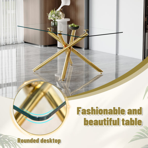 2196bd9697494e2baeeb3f8fa151d76f_7f711cac6f91119a84614d354c450b0b Table and chair set.Modern Luxurious Transparent Tempered Glass Dining Table Set with 6 Chairs.Single Fork Golden Metal Table Legs.Black high-quality PU dining chairs with golden metal legs.