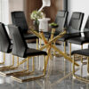 Table and chair set.Modern Luxurious Transparent Tempered Glass Dining Table Set with 8 Chairs.Single Fork Golden Metal Table Legs.Black high-quality PU dining chairs with golden metal legs.