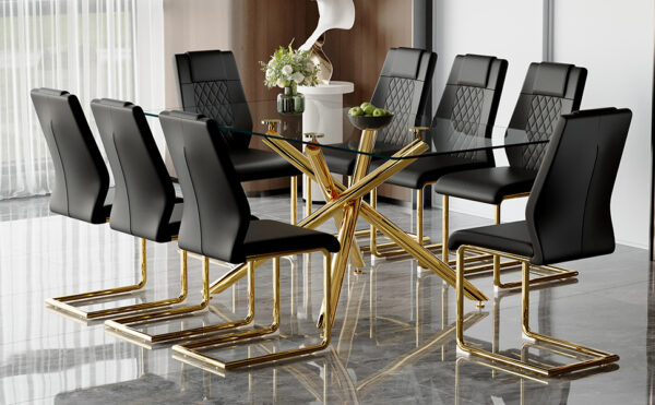 21a02416b78b4591a086bba4b00a543c_680663bf1528072cb78884e72cee2a7f Table and chair set.Modern Luxurious Transparent Tempered Glass Dining Table Set with 8 Chairs.Single Fork Golden Metal Table Legs.Black high-quality PU dining chairs with golden metal legs.