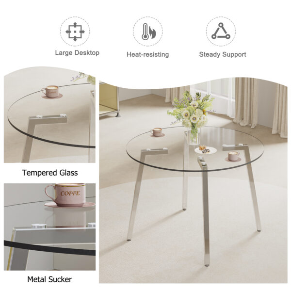 21a6535204e34236bffc09c1f6323fbe_20240306_4d0d4b29583291057ee0b00321daed1f Modern minimalist style circular transparent tempered glass table, tempered glass tabletop, silver metal table legs, suitable for kitchen, dining room, and living room, 40 "* 40" * 29.5 "W1151S01226