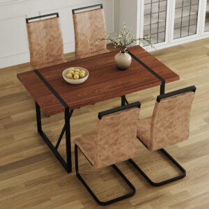 Table and chair set. A minimalist retro rectangular dining table with a specially textured top and black metal legs, paired with 4 soft chairs and black metal legs, showcases a beautiful home style.