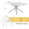 Table and chair set.Modern Luxurious white Marble-Patterned Tempered Glass Dining Table with 6 Transparent Plastic Chairs with silver legs.Single fork silver metal table legs.