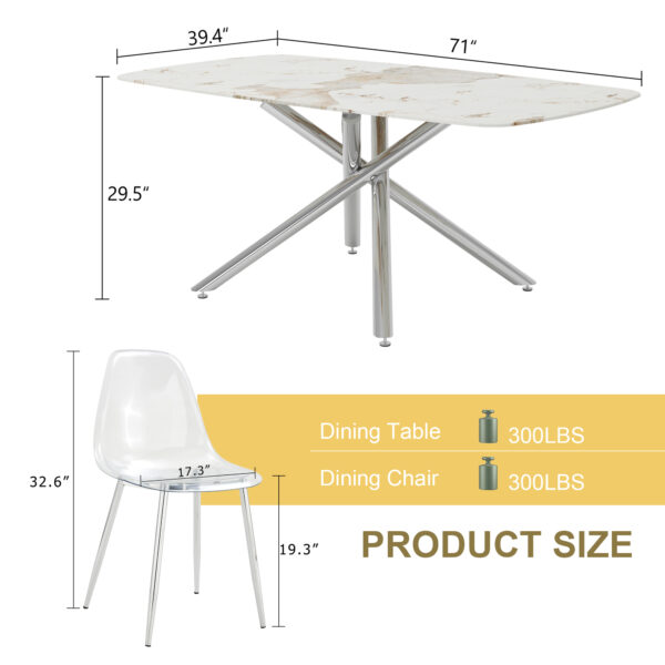 21b3b94b896d4f60bf6191ae6149a6a8_525e5a576c5c175c508218d507218622 Table and chair set.Modern Luxurious white Marble-Patterned Tempered Glass Dining Table with 6 Transparent Plastic Chairs with silver legs.Single fork silver metal table legs.
