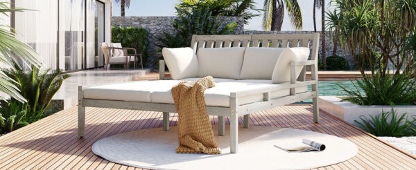 TREXM Outdoor Daybed, Patio Daybed with Four Pillows, Wooden Outdoor Bed with Curved Armrests for Poolside, Backyard, Garden (Gray+Beige Cushion)