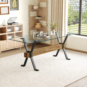 Elegant Transparent Tempered Glass Dining Table - 79"x31.5" with X-shaped Black Metal Table Legs,Wood Grain Textured MDF Crossbeam. With a Thickness Of 0.39 Inches.Comfortably Accommodate 6-10 People.