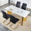 Table and chair set.63"x31.5x30" Luxurious Snow Mountain Patterned Sintered Stone Table with Golden Stainless Steel Butterfly Legs.Paried With 4 Black High-quality PU Chairs With Arched Metal Legs.