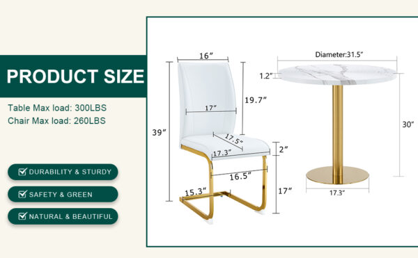 21d4b78655fc4e14be4fdc84aac078bc_f5efa8881f137a2e63f8d8b242318717 Table and chair set.31.5 Inch Elegant White Marble Pattern Round Dining Table - Suction Molding Annular Texture.Paired With 2 White PU Material High Resilience Dining Chairs.
