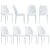 Set of Eight White PU Comfort Dining Chairs (17.7"x25").Dining chair with extended backrest,WHITE PU,Silver metal legs,Suitable for various places such as family restaurants, hotels, coffee shops,etc.