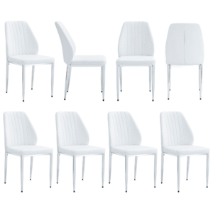 Set of Eight White PU Comfort Dining Chairs (17.7"x25").Dining chair with extended backrest,WHITE PU,Silver metal legs,Suitable for various places such as family restaurants, hotels, coffee shops,etc.