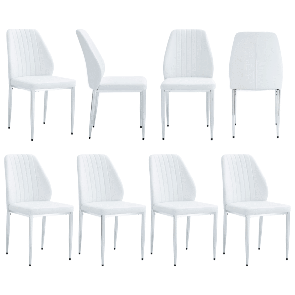 21e73d36043e4897b60aaef400febe70_efbdd843c6da08035159c83232ccaa30 Set of Eight White PU Comfort Dining Chairs (17.7"x25").Dining chair with extended backrest,WHITE PU,Silver metal legs,Suitable for various places such as family restaurants, hotels, coffee shops,etc.