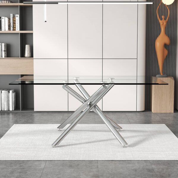 21e80e2efb494d08ab4f96ecd120d42c_20221218_be6074fd3425ae0058e9e6a52bd2bc51 Large Modern Minimalist Rectangular Glass Dining Table for 4-8 people with 0.39" Tempered Glass Tabletop and Silver Metal Legs, for Kitchen, Living Meeting Room .71*35.4*30.W1151S01472