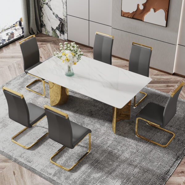 21f36b9d5bd8403e801e38f04db64a8c_20231122_45f4f83cb3a4d02456cd63be492df886 Modern minimalist dining table. The white imitation marble glass desktop is equipped with golden metal legs. Suitable for restaurants and living rooms 71 "* 39.3" * 29.5 "DT-69
