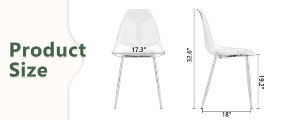221921e081514e7bbb38969e667d66e6_faefe826a768bfc9281151b25efdc379 Transparent and stylish ergonomic dining chair unlocks a new experience of lightweight fashion, comfort, and stability. Transparent seat cushion, silver metal legs. One box of three.