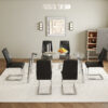 Table and chair set.71 * 35.4 inch rectangular dining table.Tempered Glass Tabletop,Silver 7-shaped Metal Table Legs.Paried With 6 Black High-quality PU Chairs With Arched Metal Legs.