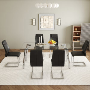 Table and chair set.71 * 35.4 inch rectangular dining table.Tempered Glass Tabletop,Silver 7-shaped Metal Table Legs.Paried With 6 Black High-quality PU Chairs With Arched Metal Legs.