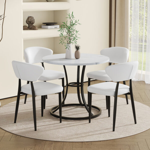 224e8a9340684f6c97797c54bea77410_5f185d65c519dfec190ebd6a68682fe3 Table and chair set.A Modern Minimalist Circular Dining Table With A Diameter Of 33.3 Inches.Paired With 4 White Minimalist Ergonomic Dining Chair, With A Curved Backrest For Comfortable Design.