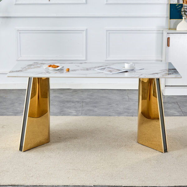 22587b773ccc4eb589e091014e581943_e1da46a54f1bc8bc953500a8dce482d5 63"x31.5x30" Luxurious Cold Jade Slab Dining Table with Golden Stainless Steel Butterfly Legs.The tabletop is designed to be scratch and heat resistant.Slabs Tabletop,Golden Stainless Steels Legs.