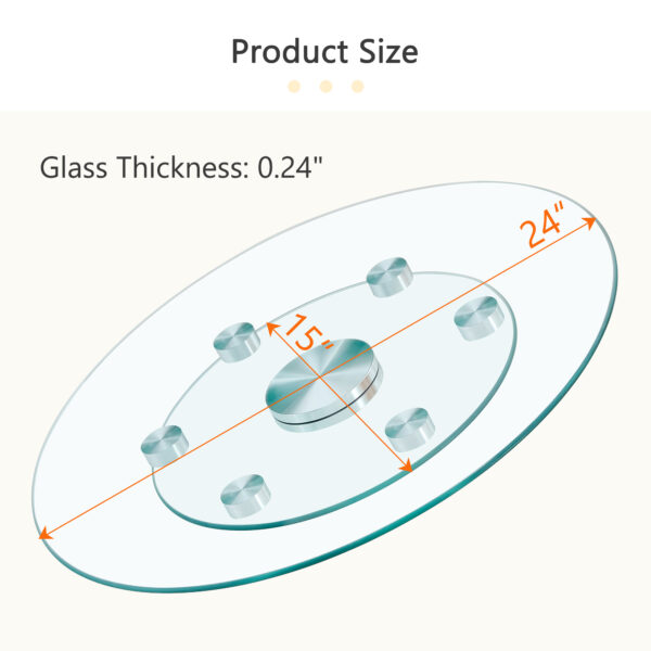 22822c5e626f4333b97afaa2d1eb98e3_7e9ab95e25cfd609a92e5a8f16564a73 Double layer rotatable round glass.The rotatable design makes it more convenient to retrieve and place items.The upper glass has a diameter of 24 inches, while the lower glass15 inches.