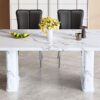 Table and chair set.64.5x35.4 Inch Stylish White Marble Textured Dining Table.Paried With 4 Black PU Chairs with a vertical stripe design on the backrest.Create Your Exclusive Low-Key Luxury Space.