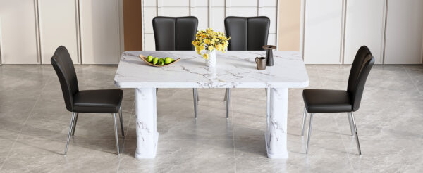 228261a1553c40628debbbac84b6524d_d0bdf962dbe21893d1183290b3bfd29f Table and chair set.64.5x35.4 Inch Stylish White Marble Textured Dining Table.Paried With 4 Black PU Chairs with a vertical stripe design on the backrest.Create Your Exclusive Low-Key Luxury Space.