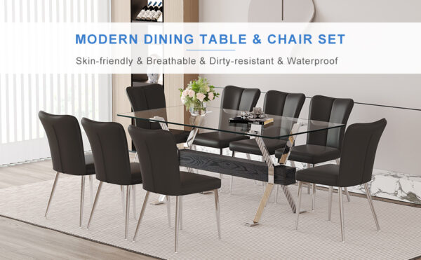 228e90f585b846f2a6d83b05e554209e_7bdf12309388dfa2f9d50354e5b0c319 Table and chair set.Elegant Transparent Tempered Glass Dining Set - 71"x35.4" with 8 Black PU Chairs with a vertical stripe design on the backrest.