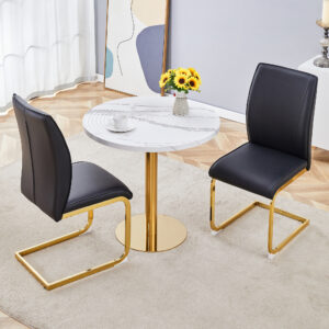 Table and chair set.31.5 Inch Elegant White Marble Pattern Round Dining Table - Suction Molding Annular Texture.Paired With 2 Black PU Material High Resilience Dining Chairs.