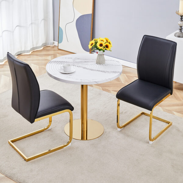 228f7adb86f34afca983000db4bf936a_0ab4b748b42a61f48676ed7ebebe381c Table and chair set.31.5 Inch Elegant White Marble Pattern Round Dining Table - Suction Molding Annular Texture.Paired With 2 Black PU Material High Resilience Dining Chairs.