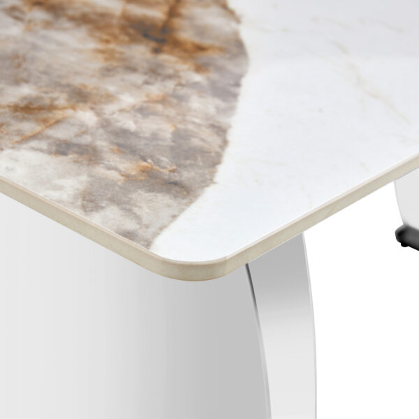 22c5744bf74f45e78e3c90c772f46a48_048d7931de4b700fe730f1a81d3ecd08 Table and chair set.63*31.4 Inch Pandora Patterned Sintered Stone Dining Table Set - 6 White Chairs With Silver Metal Legs.Modern Light Luxury.Perfect For Dinner Room,Meeting Room,Kitchen,etc.