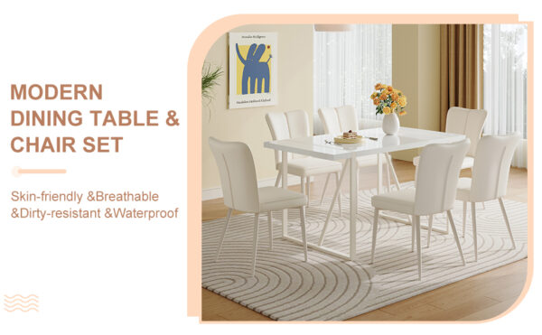 22cf597269f44eee89cdab54b2208f08_06a69510aec3a01807e1584f85d1f3aa 55"x31.5"Cream-Style White MDF Dining Table Set with 6 Armless Chairs.MDF Tabletop and metal legs.The backrest of the dining chair has a vertical line design.Adding a warm atmosphere to your family.