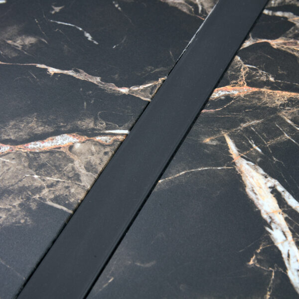 22d9a6fcd01c4934a84c32b09704b3f6_b7100a6a64a835e475728d8a43a22685 Table and chair set.Modern Black Marble Pattern MDF Dining Set - 55"x31.4"with 6 Light Gray PU chairs with a vertical stripe design on the backrest.Suitable for kitchen,Dining room,etc