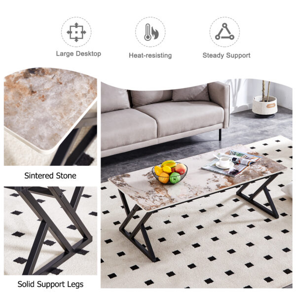 23169912371f4af2bb434770ba4cca53_3fad923ac0824d29bf81ff600775e223 A coffee table is made of rock slab material, with a natural and smooth marble pattern on the surface, which complements the modern design of the black metal legs and adds a touch of fashion.47*23.6