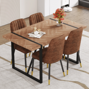Table and chair set.A minimalist retro rectangular dining table with a wood color fishbone patterned textured top and black metal legs.Paired with 4 Brown Technology-Fabric Material Dining Chairs.