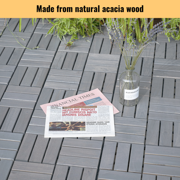 30 PCS Interlocking Deck Tiles Checker Pattern, 12" x 12" Square Light Gray Acacia Hardwood Outdoor Flooring for Patio, Bancony, Pool Side,...