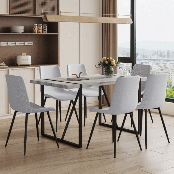 23614b682be542988ff965e3f86544c3_337dcb899bc2ef48c755b0aacb6df967 Table and chair set.A minimalist retro rectangular dining table with a textured top and black metal legs.Paired With 6 Light Gray Linen-Cotton Dining Chairs With Curved Widened Cushion Design.