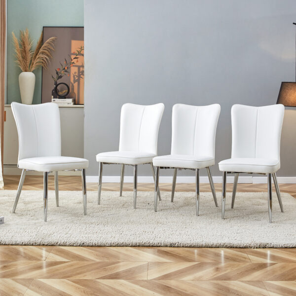 236799357a2e41d6af5b8b52c0696ce4_20231018_ffd2400a8af2e48cbdfa96b39bb92a66 Modern minimalist dining chairs, office chairs. 4-piece set of white PU seats with silver metal legs. Suitable for restaurants, living rooms, and offices. C-008