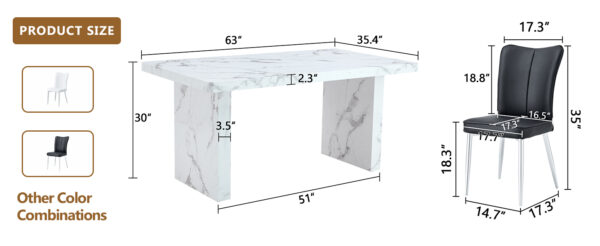 2379f6cc44ca4fce8c5830aa7e91a181_fd9e5760fe81e05f95bfc4446a165116 Table and chair set.63"*35.4" White Imitation Marble Pattern MDF Dining Table Set - 6 Black PU Chairs with a vertical stripe design on the backrest.Create Your Exclusive Low-Key Luxury Space.