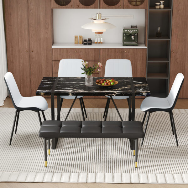 2390f7f2302d47cbbe5bd325b6634708_0564fc2a4139f363bcfe16e1a2bcc46e Table and chair set.Modern Black Marble Pattern MDF Dining Table Set - 55"x31.4" with 4 Extended Seat Cushion PU Dining Chairs and 1 Bench,A Choice of Subtle Luxury for Modern Homes.