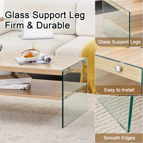 Three-tier side table and bunk coffee table set. The board is made of MDF with wood stickers and clear tempered glass on both sides. The design is simple and elegant, with powerful storage function