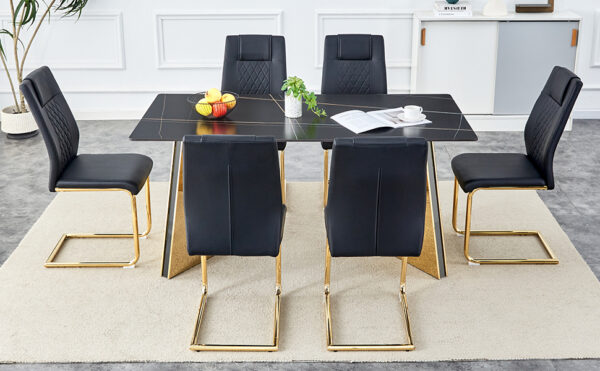 24498c6df8634bf5ae5d6eea3c8184ef_16e66ccf75c7815f75241ab7ebae158d Table and chair set.63"x31.5x30"Black Texture With Lines Patterned Sintered Stone Table with Golden Stainless Steel Butterfly Legs.Paried With 6 Black High-quality PU Chairs With Golden Metal Legs.
