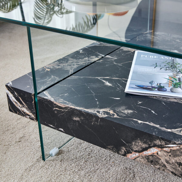 245f02babaca4290af9692d95d24545d_5dfe53ccef4a2b8b993235519439c8f8 31.4 Inch Modern Two-Tier Square Coffee Table - An Elegant Combination of Clear Glass and Black Marble Pattern Sticker.It can be used as a coffee table,a side table or a display stand.