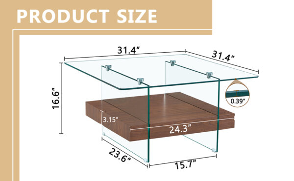 2475b40195774a31aadb7d9fec5173a3_60294680531dbe25a3a9d3b1e4a20c31 31.4 Inch Modern Two-Tier Square Coffee Table - An Elegant Combination of Clear Glass and Dark Wood Texture Sticker It can be used not only as a coffee table but also as a side table or display stand.