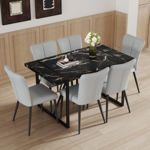 2478550791ff4e3e8f01668317c64592_fb3fe5284b49112780e260b13a165ea2 Table and chair set.Modern Black Marble Pattern MDF Dining Set - 55"x31.4"with 6 Light Gray PU chairs with a vertical stripe design on the backrest.Suitable for kitchen,Dining room,etc