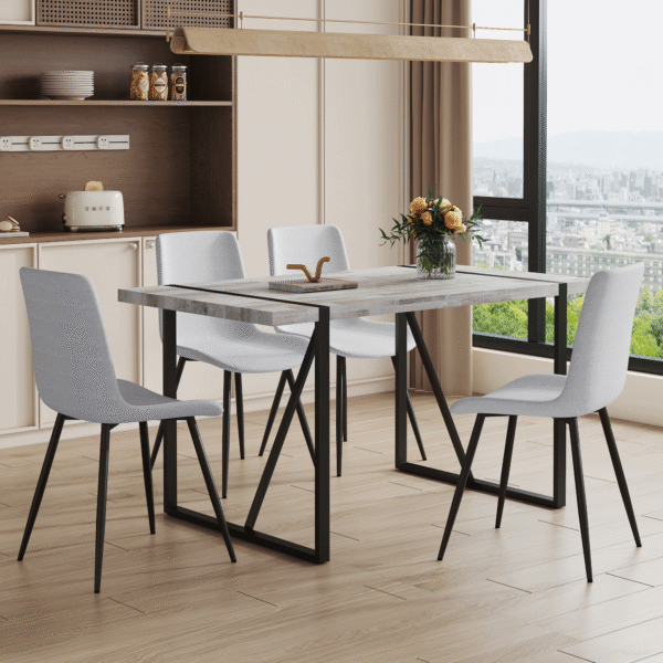 2478a7d286b24de7b220d722b45085c5_cf3cbcec7e280c636c6f0760bb0733f8 Table and chair set.A minimalist retro rectangular dining table with a textured top and black metal legs.Paired With 4 Light Gray Linen-Cotton Dining Chairs With Curved Widened Cushion Design.