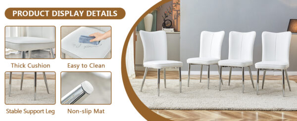 2493b6044d0441f6bdb7e958e5a7dfee_8bbe55b3f33829efa6e20fc7681acb2f Table and chair set.63"*35.4" White Imitation Marble Pattern MDF Dining Table Set - 4 White PU Chairs with a vertical stripe design on the backrest.Create Your Exclusive Low-Key Luxury Space.
