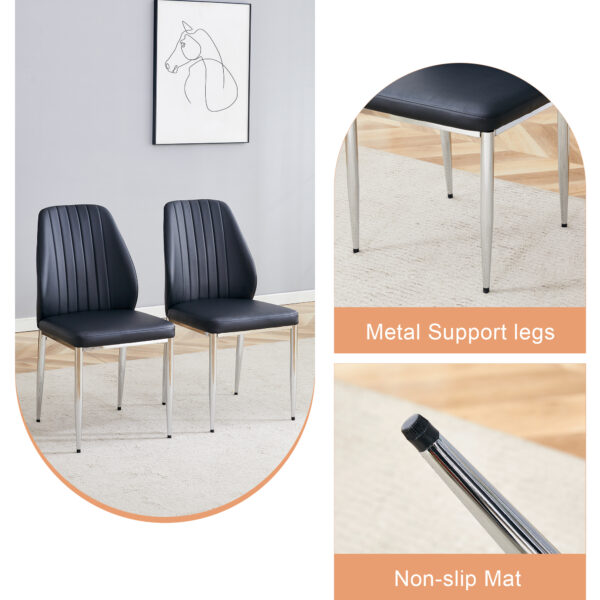 24b141143d154e3d860630ceb8e73a76_93f470b453c10e103e1c1582dc857963 Table and chair set.Modern circular transparent tempered glass table, tempered glass tabletop, silver metal table legs.A Set of 4 Black PU Comfort Dining Chairs with extended backrest.